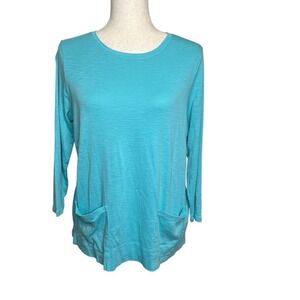 J Jill Womens Pima Two‎ Pocket Tee Top Size M Blue 3/4 Sleeve Boxy Cotton Casual